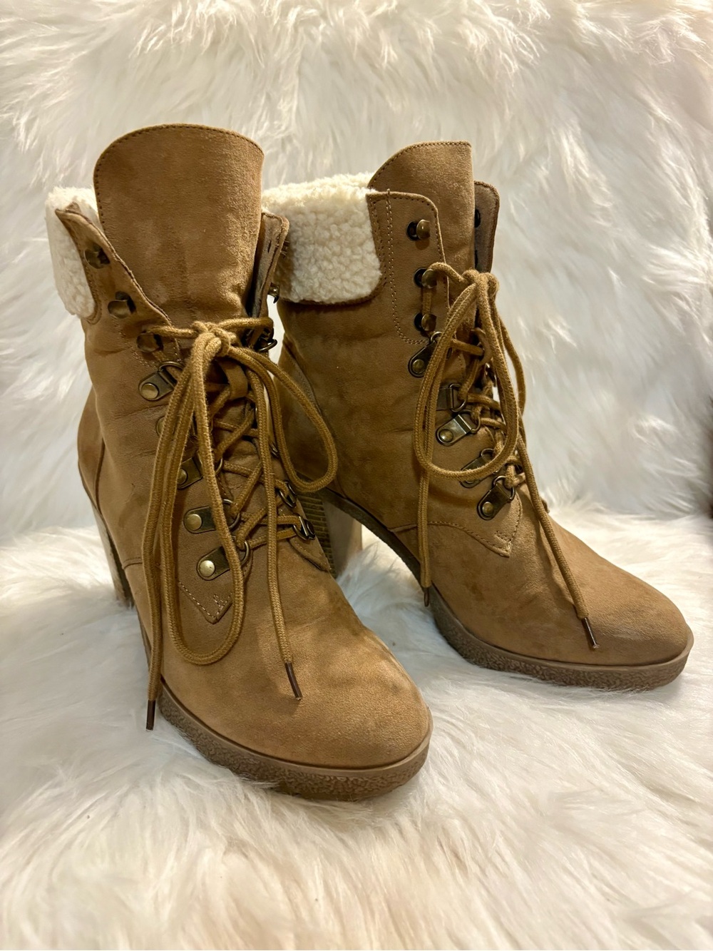 Brash Tan Lace-Up Sherpa Cuff Heeled Boots
